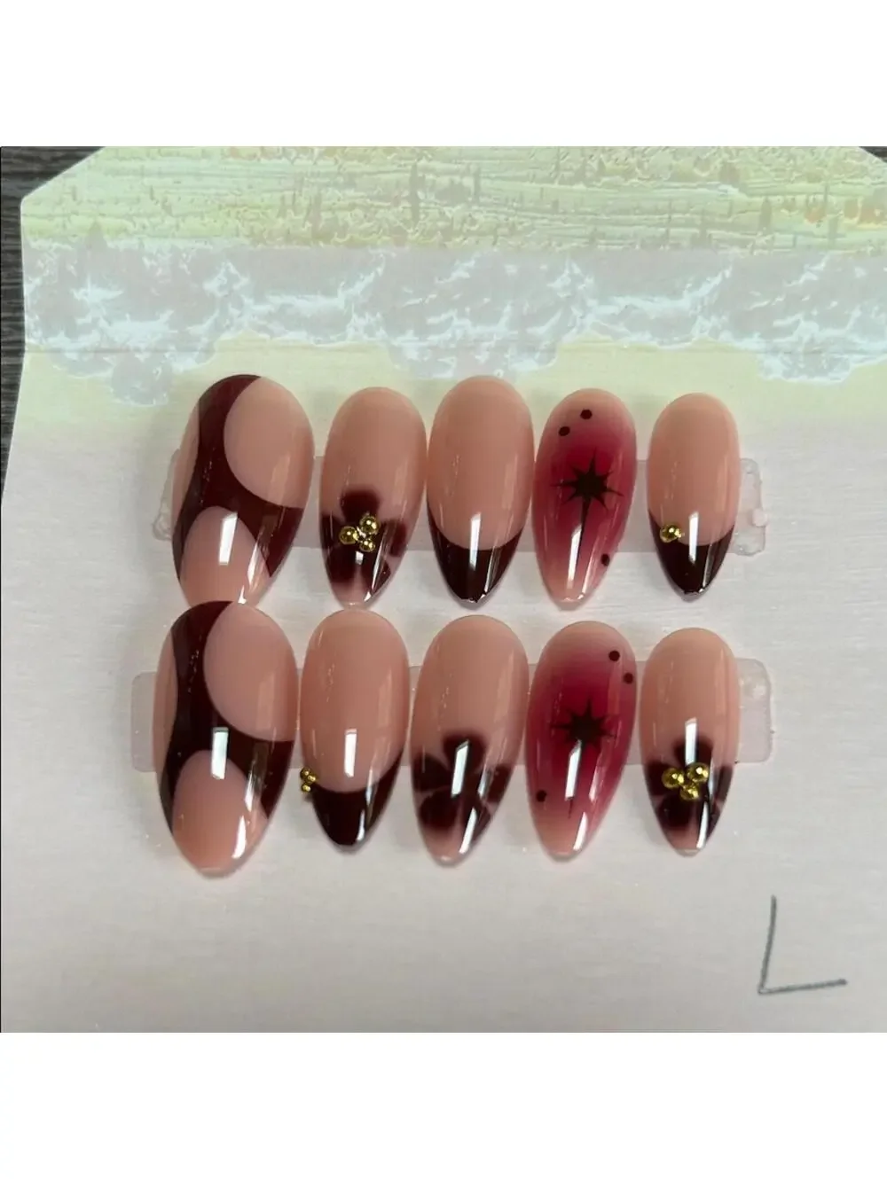 Stylish Nail Art Set with Pink and Brown Designs
